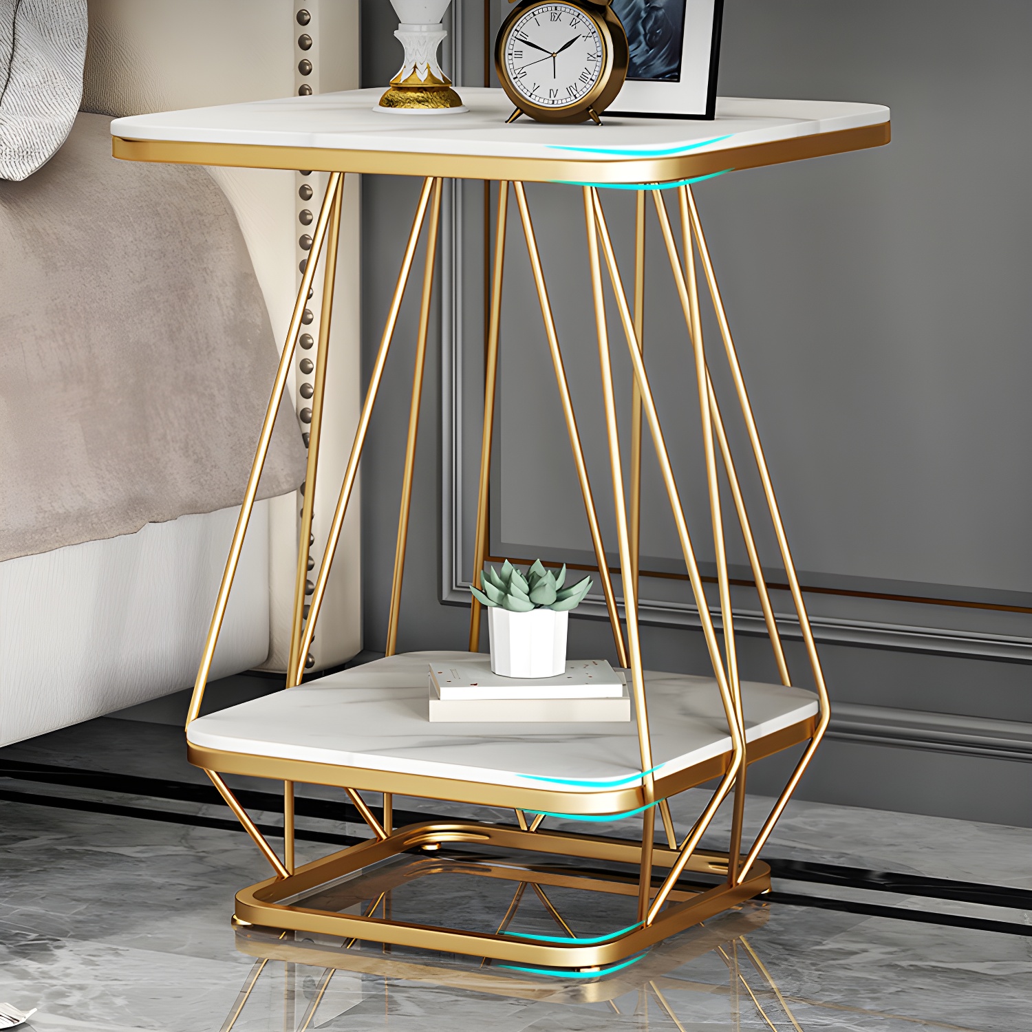 Glam Metal Night Table Stone Top 24'' Tall Open Storage Nightstand with Legs - image 7