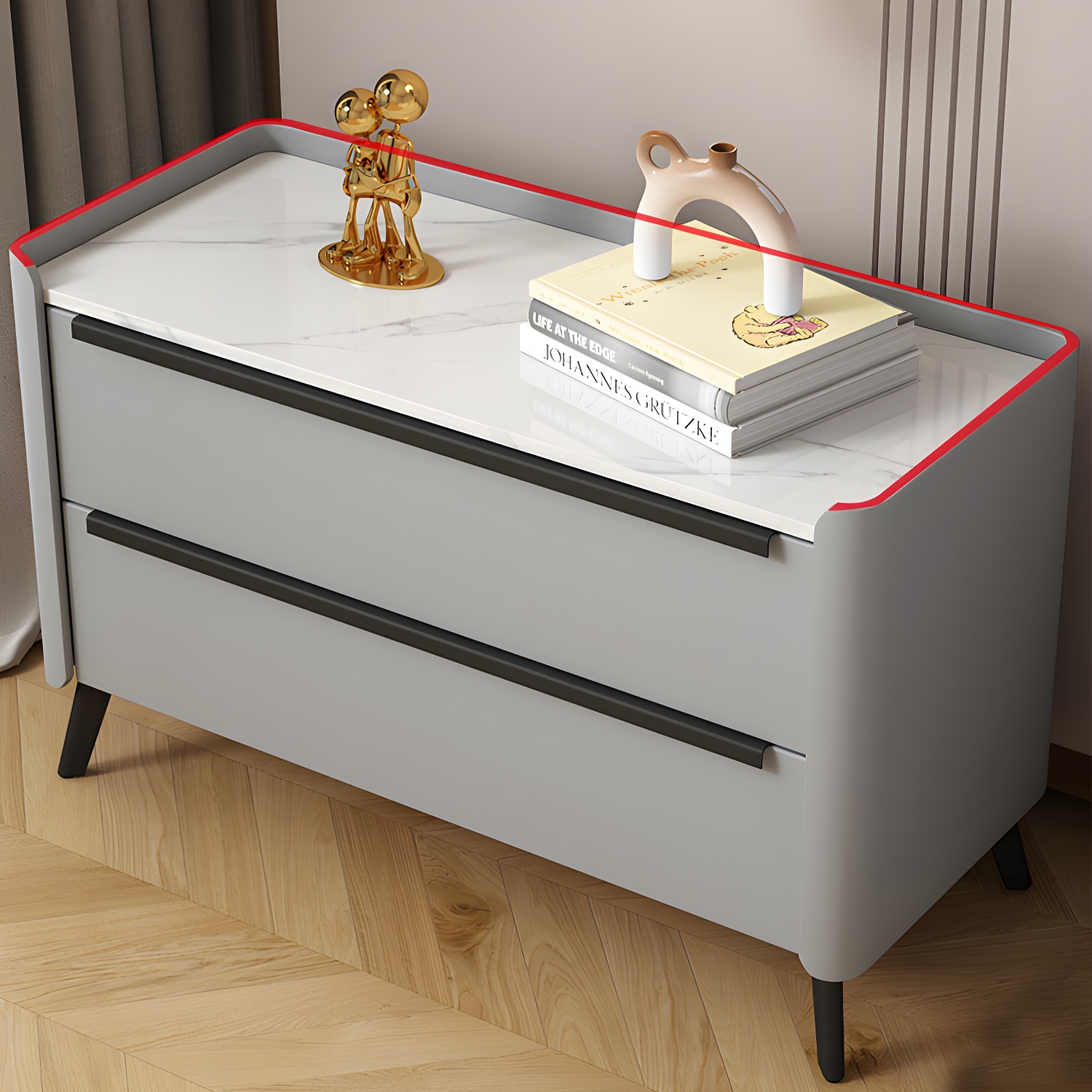 Modern Faux Leather Top Nightstand with Two Drawers and Stone Countertop - image 16