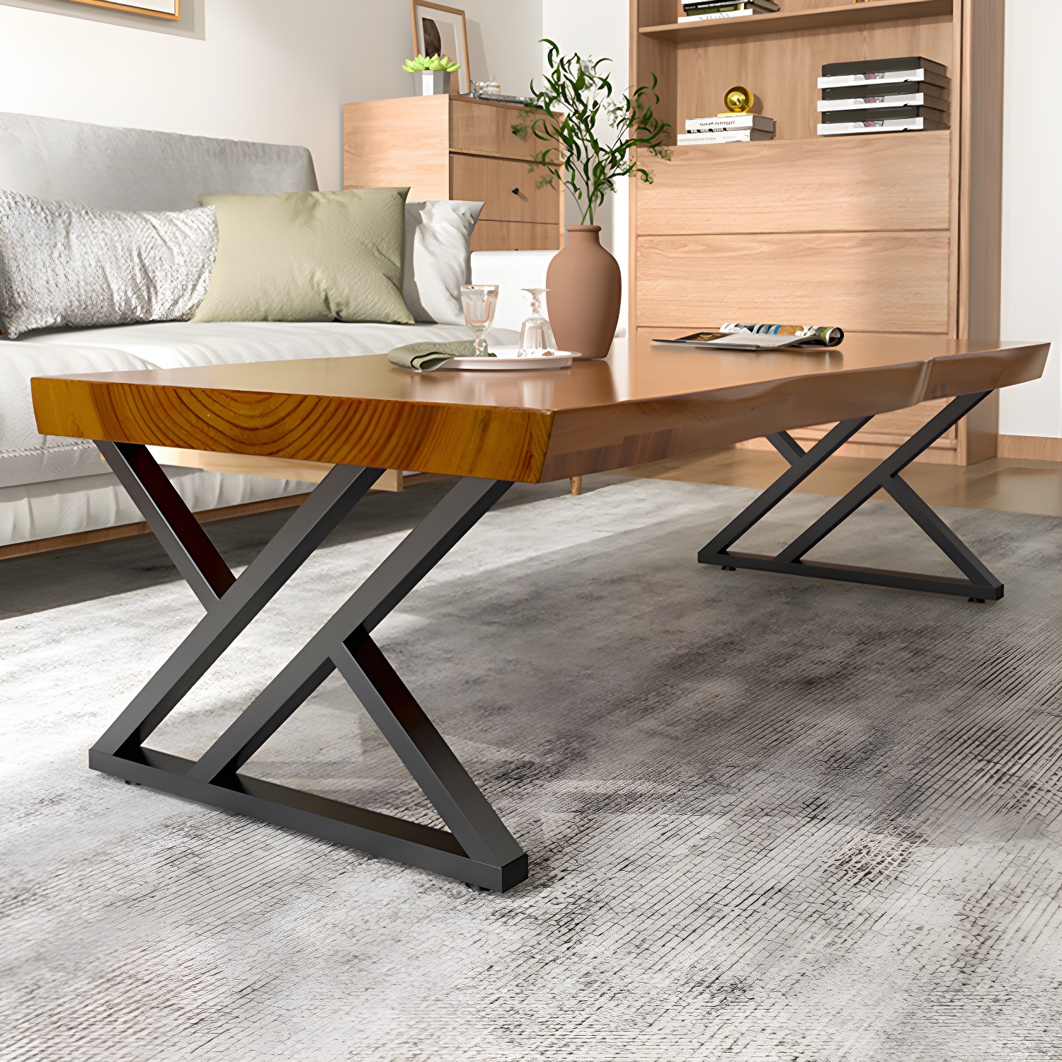 Scandinavian Rectangle Solid Wood Coffee Table Metal Sled Cocktail Table