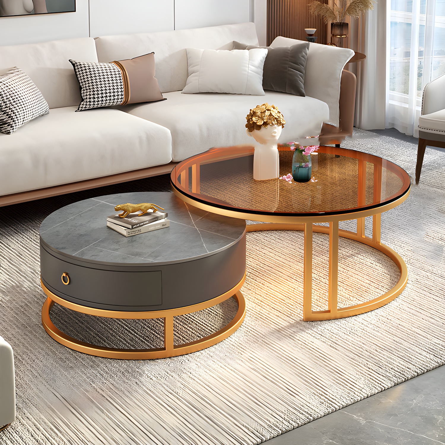 Modern Glass Coffee Cocktail Table Round Nesting Coffee Table Set - image 6
