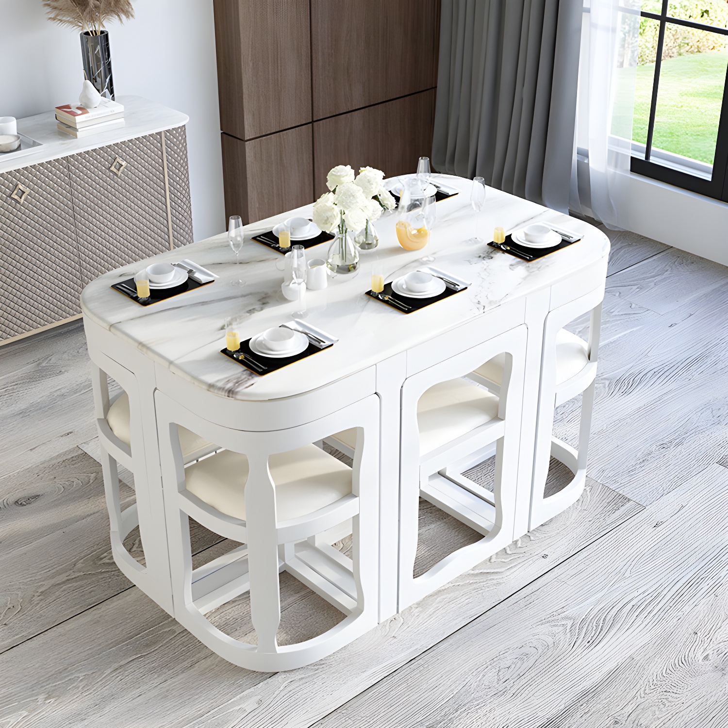 7-Piece Modern Wood Dining Set with Trestle Base and Upholstered Chairs in White - Seats 6 - image 6