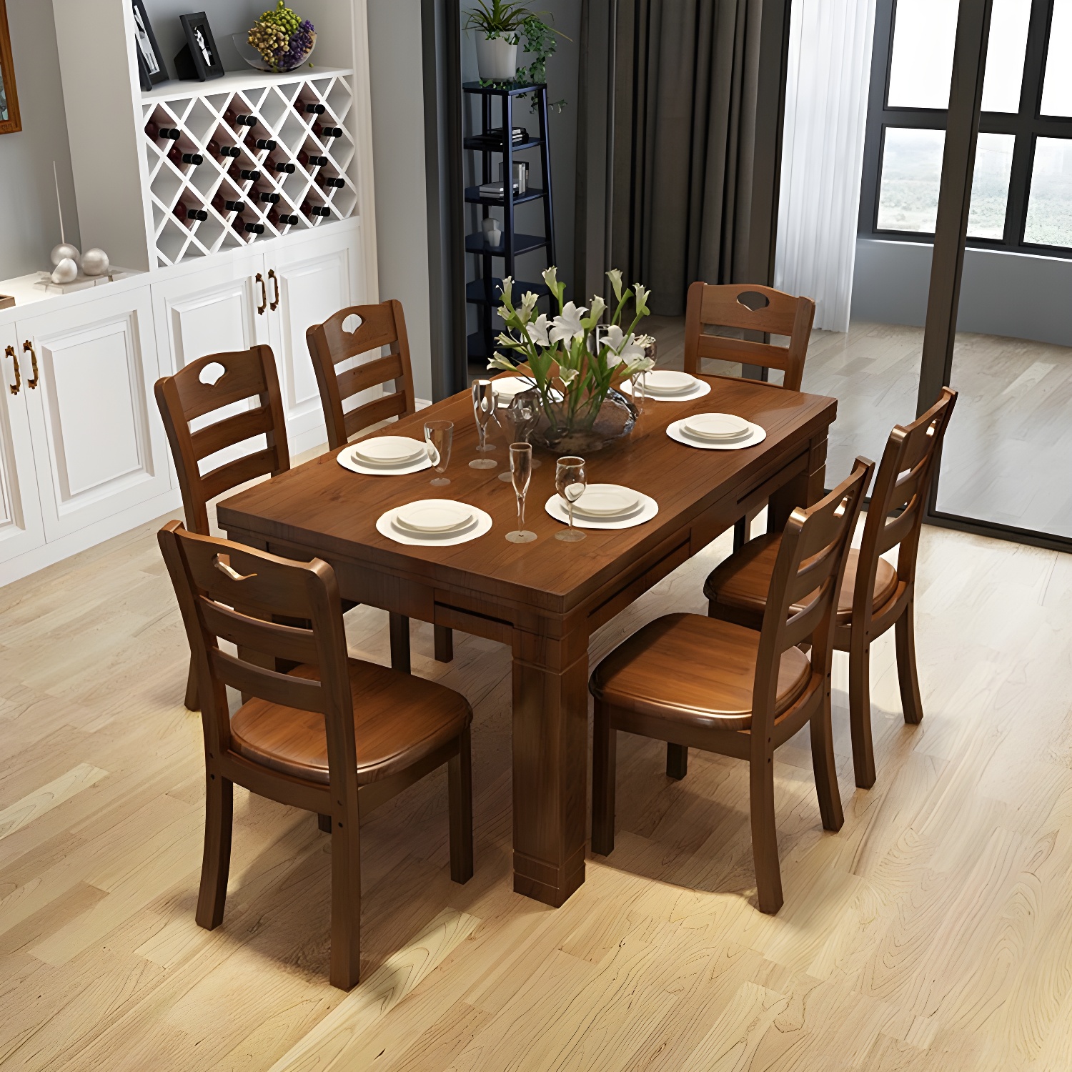 7-Piece Modern Wood Dining Set with Solid Wood Features and Seating for 6
