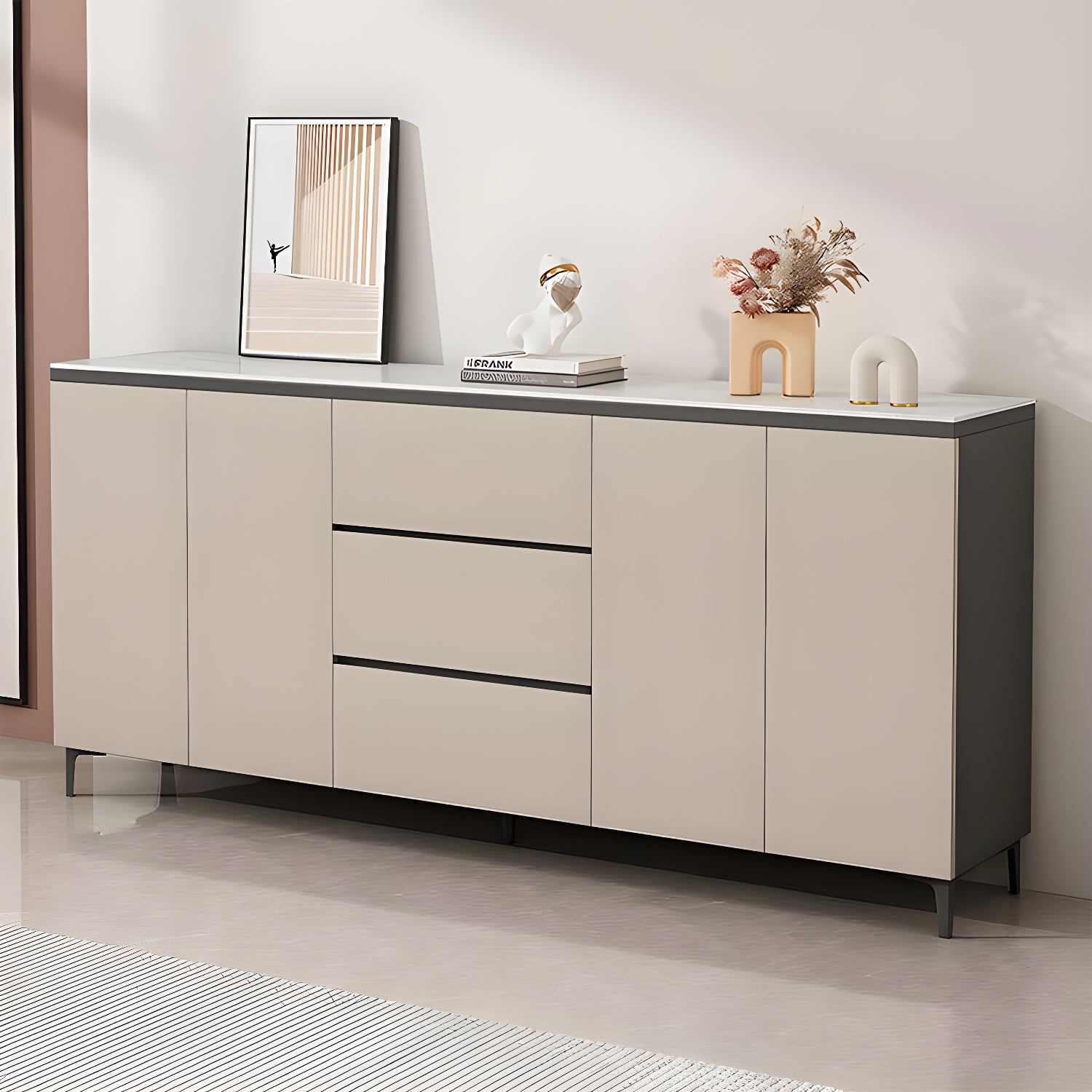 Wooden Modern Stone Countertop Buffet Sideboard with Drawers for Living Room - image 6