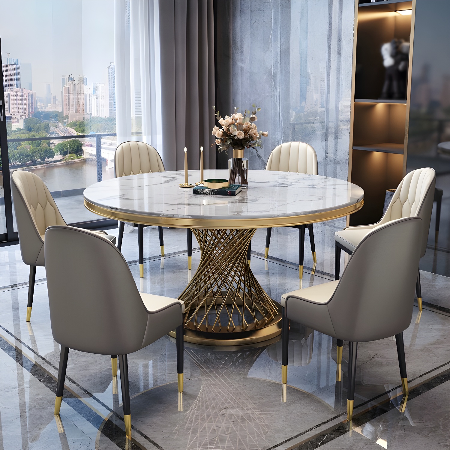 Round White Marble Modern Dining Table with Gold Steel Pedestal Base