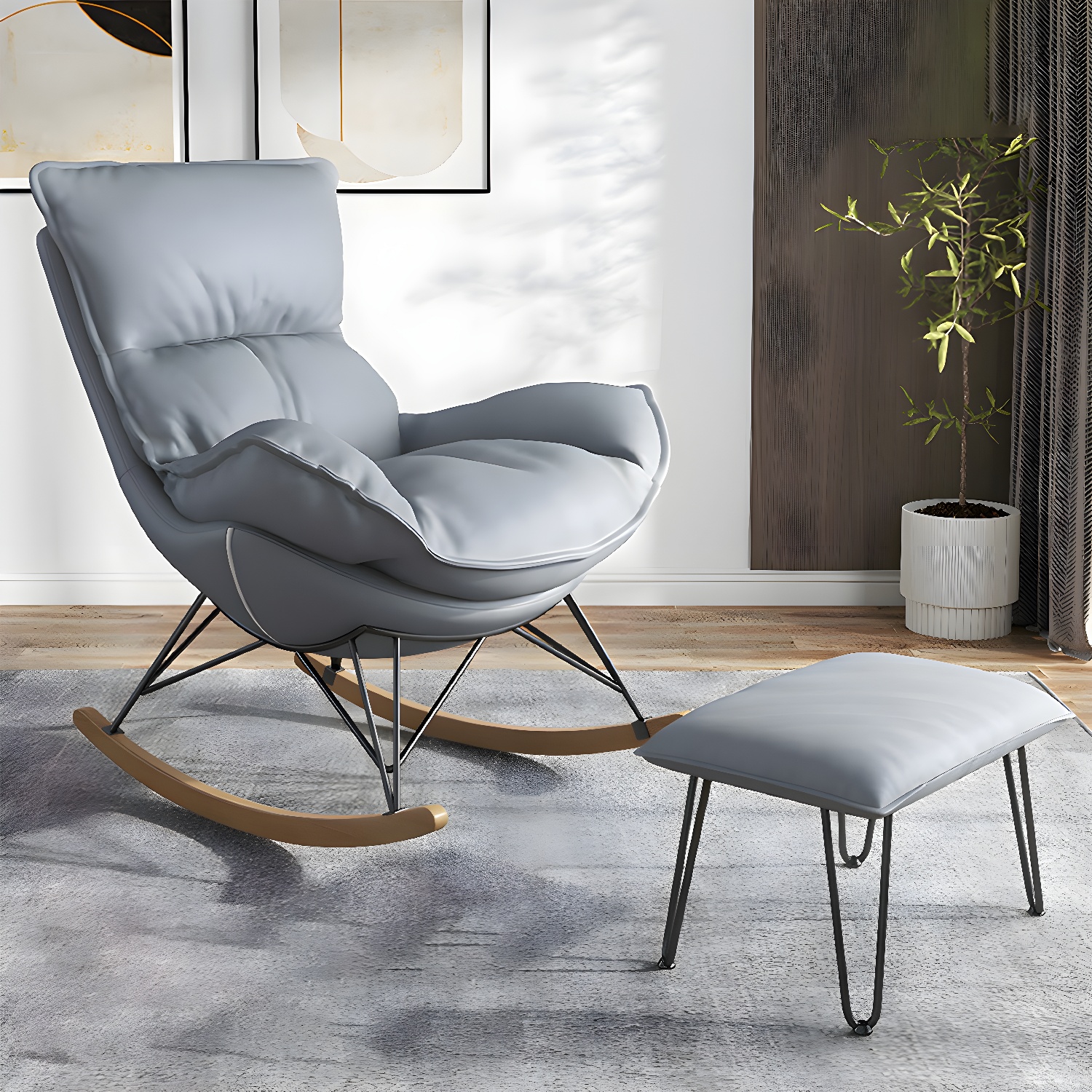 Modern Upholstered Rocking Chair and Ottoman Set - Natural Wood Legs, Stylish Design for Home Decor - image 4