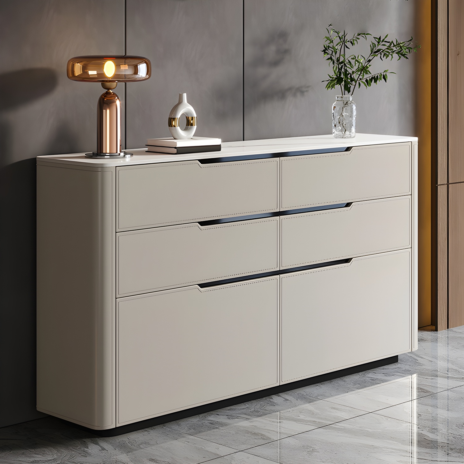 Wood Modern 4-Drawer and 2-Door Storage Sideboard with Stone Countertop
