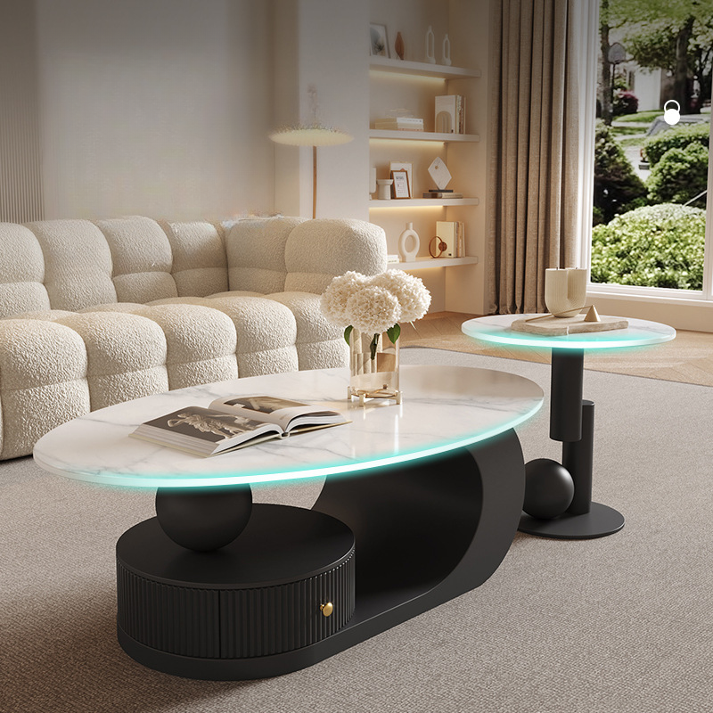 White/Midnight Black Scratch-proofed Oval Sintered Stone Board Game Coffee Table with Abstract Base and 1 Drawer for Living Room - image 7
