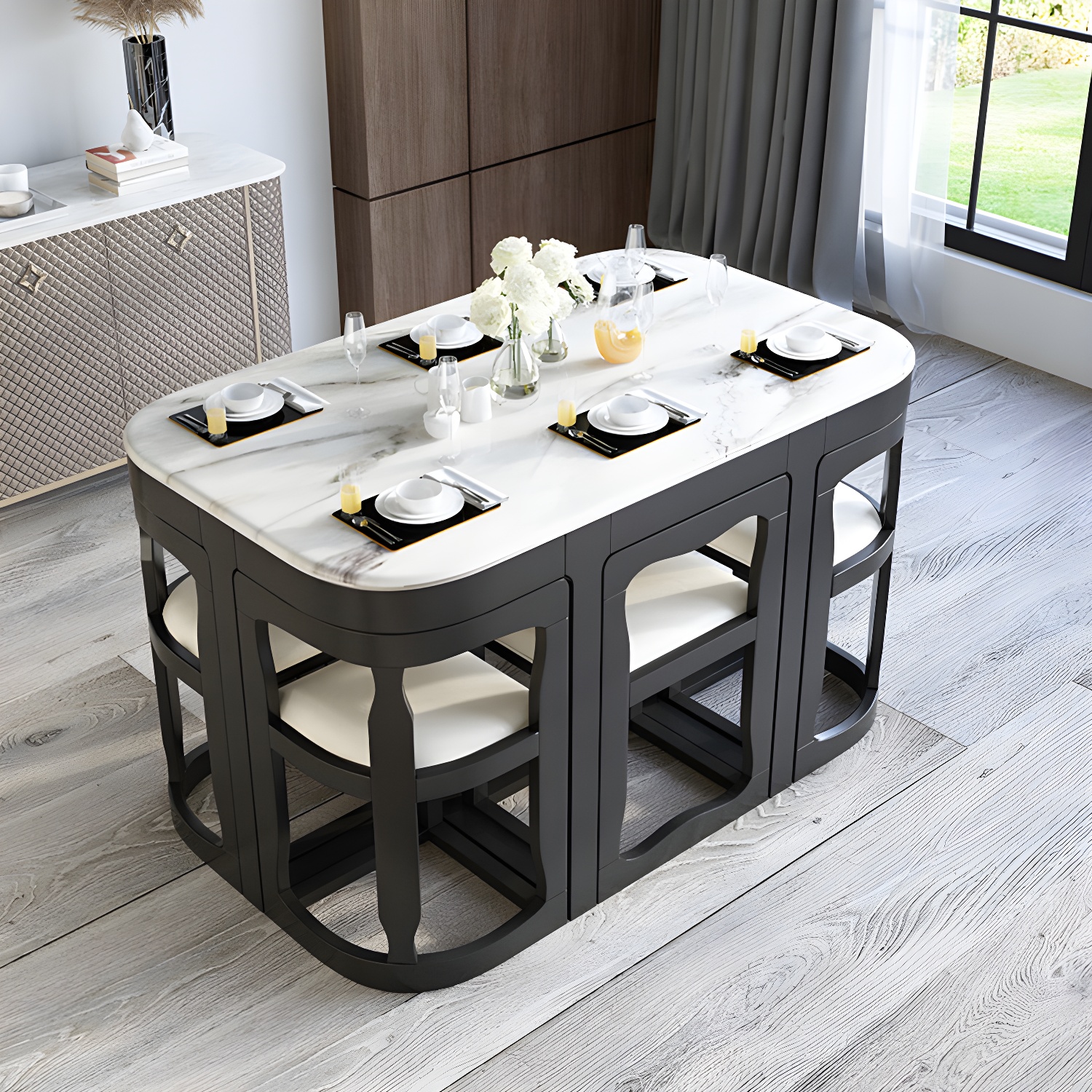 7-Piece Modern Wood Dining Set with Trestle Base and Upholstered Chairs in White - Seats 6 - image 7