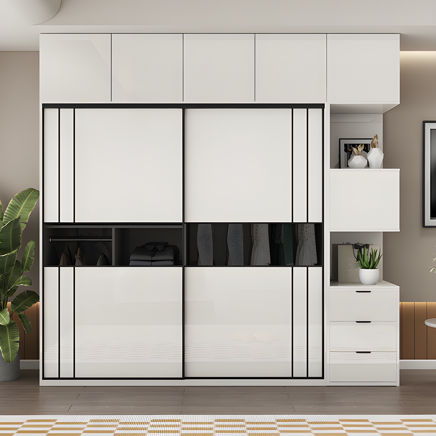 White Colour Wooden Wardrobe Cloth Rod Included Wardrobe Closet with Shelves