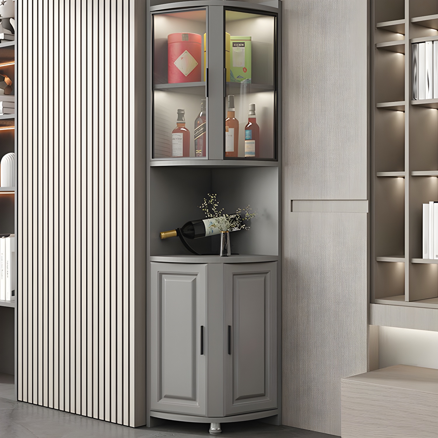 Modern Grey Corner Accent Cabinet with Glass Doors and 8 Interior Shelves