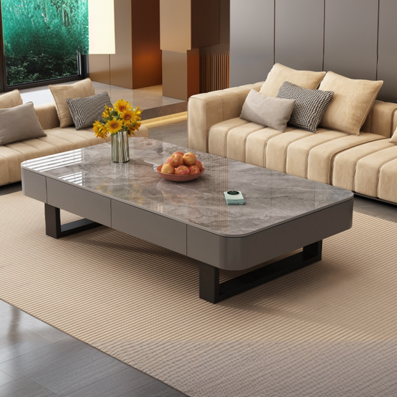 Funky Single Rock Side Table with Toboggan Base, Gray/White Square Top, and 1 Drawer