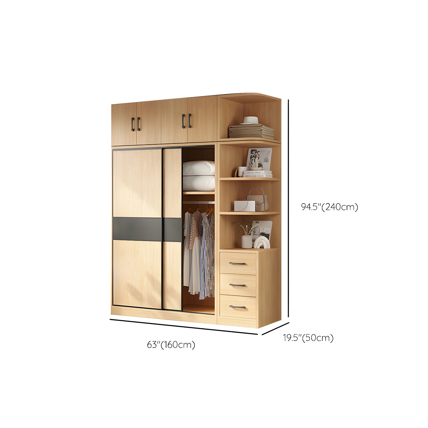 Light Wood Wardrobe Armoire with Sliding Doors, Clothing Rod, and Soft-Close Drawers - image 30