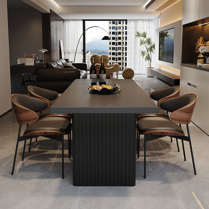 Dining Table Set with Slate Top and Two-sided Pedestal, Padded Chair with Back for 6 People, 7 Piece Set in Midnight Black