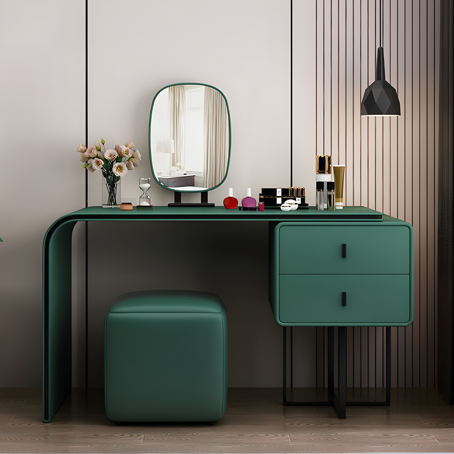 Glam Style 2-Drawer Solid Color Dressing Table Mirror Make-up Vanity - image 3