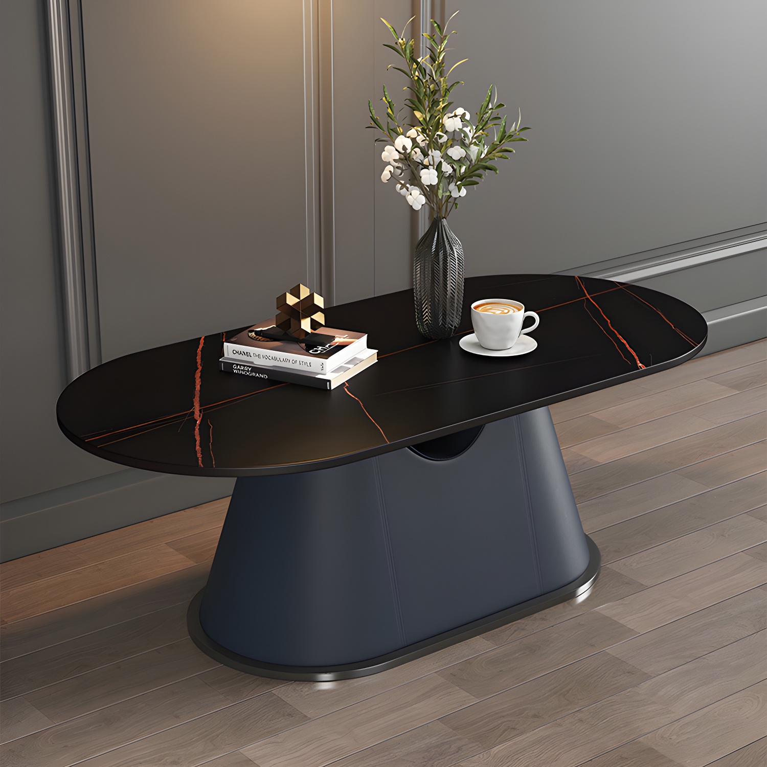 Glam Oval Stone Coffee Table with Pedestal Chrome Base - Scratch Resistant
