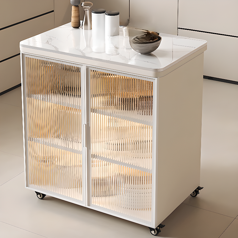 Trendy Sideboard on Caster Wheels with Narrow Stone Countertop, Glazed Door, Adjustable Shelving, and Lighting System - image 3