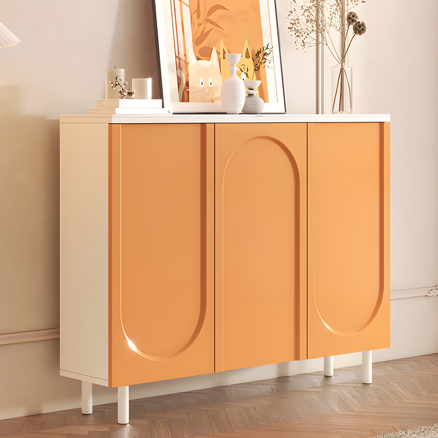 Scandinavian Wood Buffet Sideboard with Stone Countertop and Adjustable Shelves - image 16