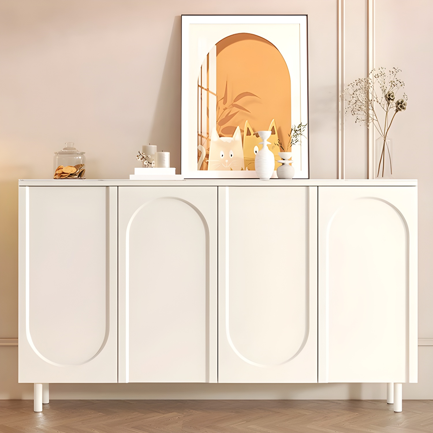 Scandinavian Wood Sideboard Cabinet with Stone Countertop, Adjustable Shelves - image 5