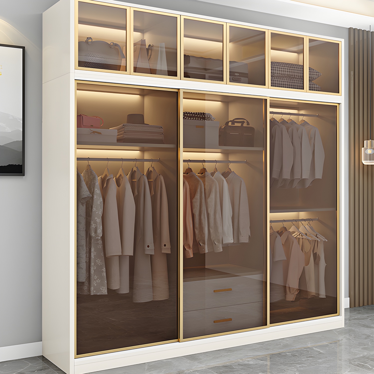 Modern White Wood Frame Wardrobe Freestanding Wardrobe with Sliding Glass Doors - image 3