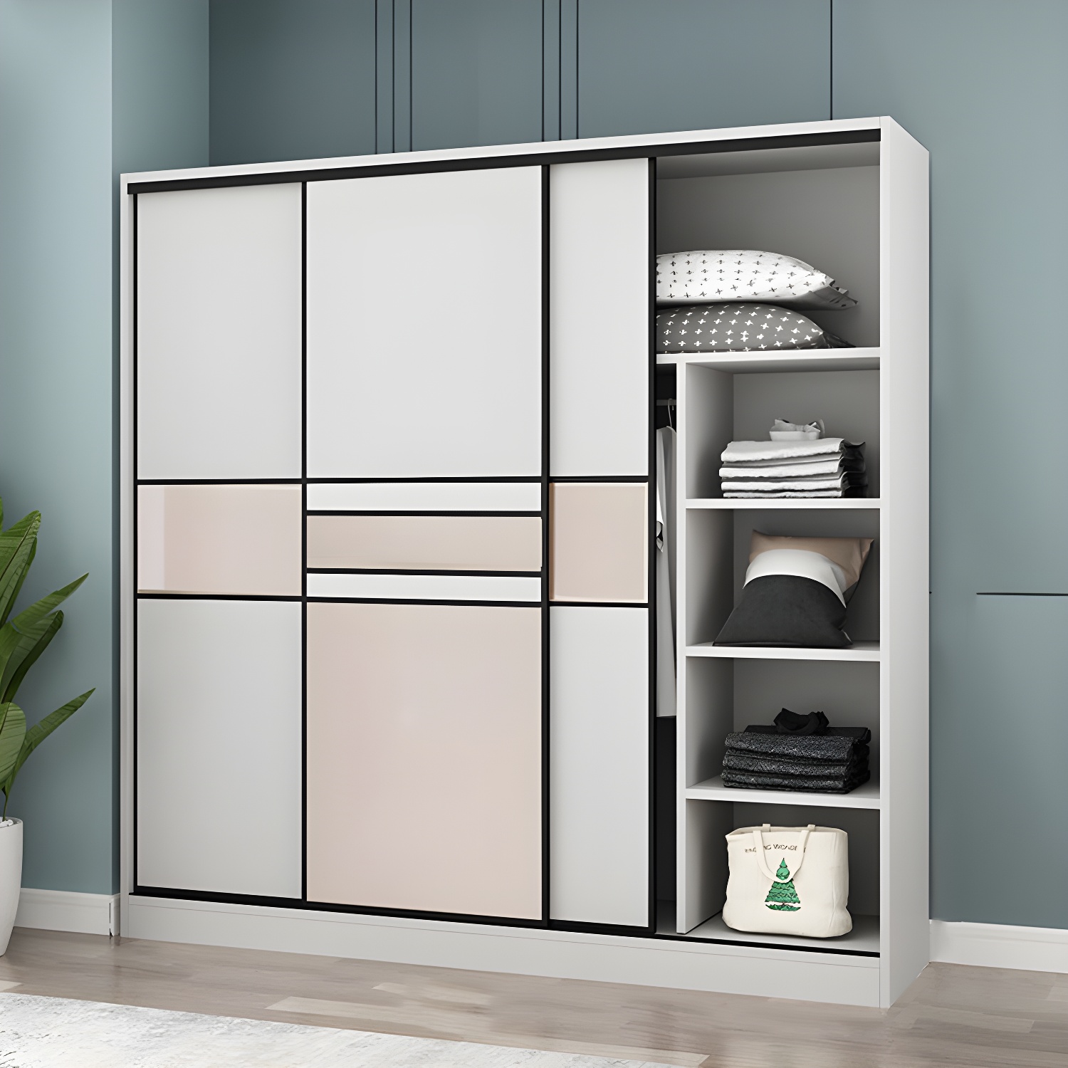 Modern White Wood Wardrobe Armoire with Clothing Rod and Sliding Cabinet Doors - image 3