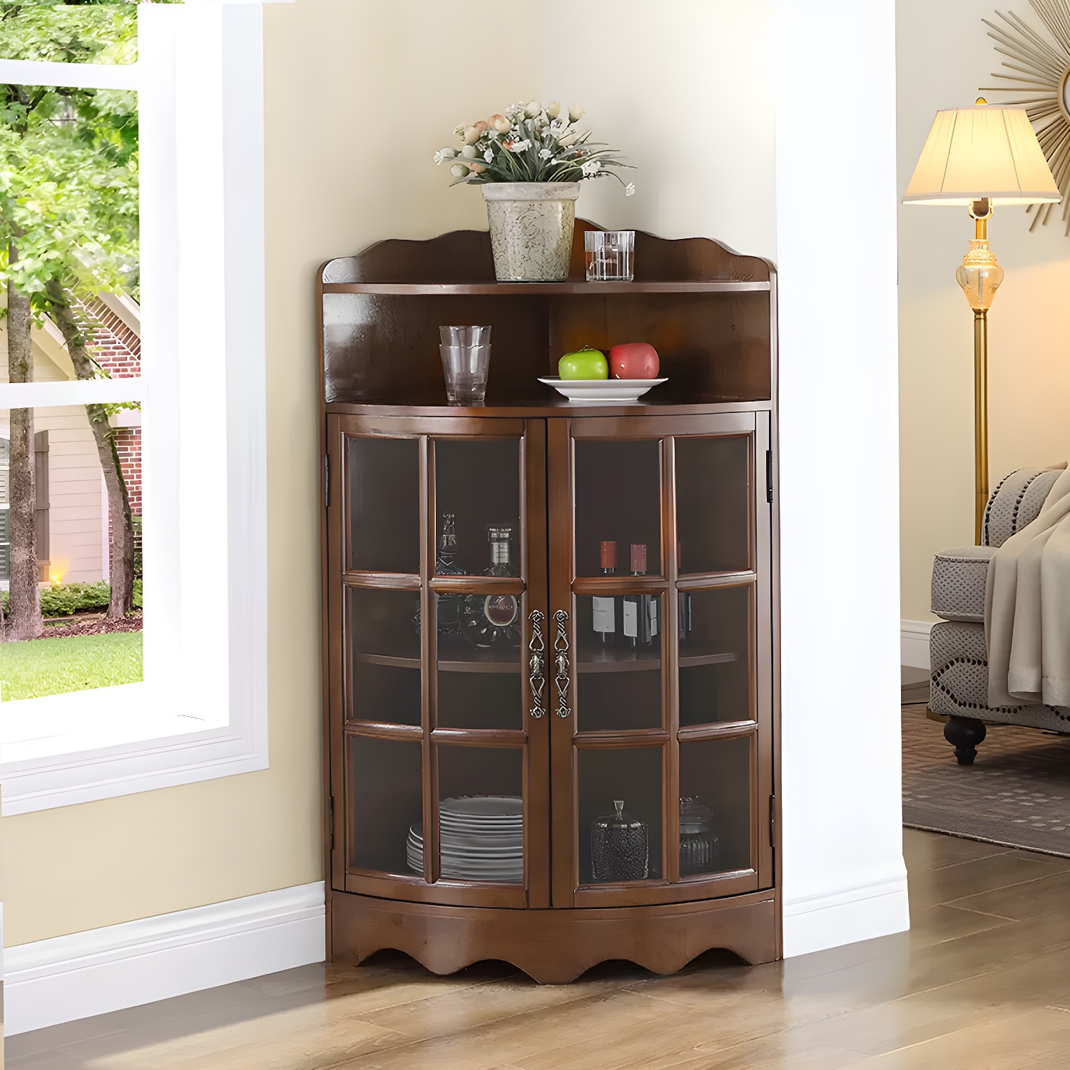 Corner Mid-Century Modern Accent Cabinet with Wood Countertop and Glass Doors