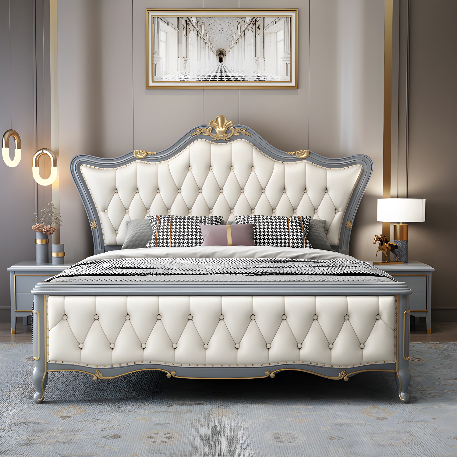 84.65 inch Wide Glam Bed Frame Rubberwood Solid Color Standard Bed with Headboard - image 3