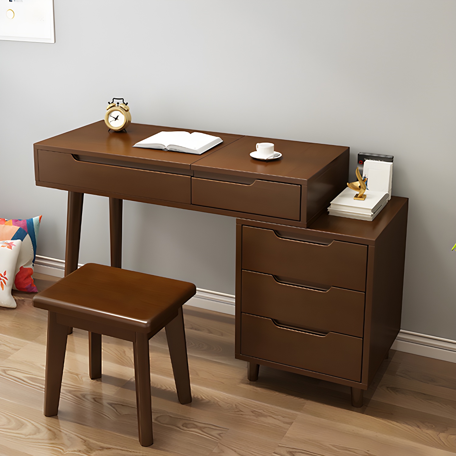 Solid Wood 1/4-Drawer Vanity Makeup Table with Mirror and Stool - 17.72" D - image 16