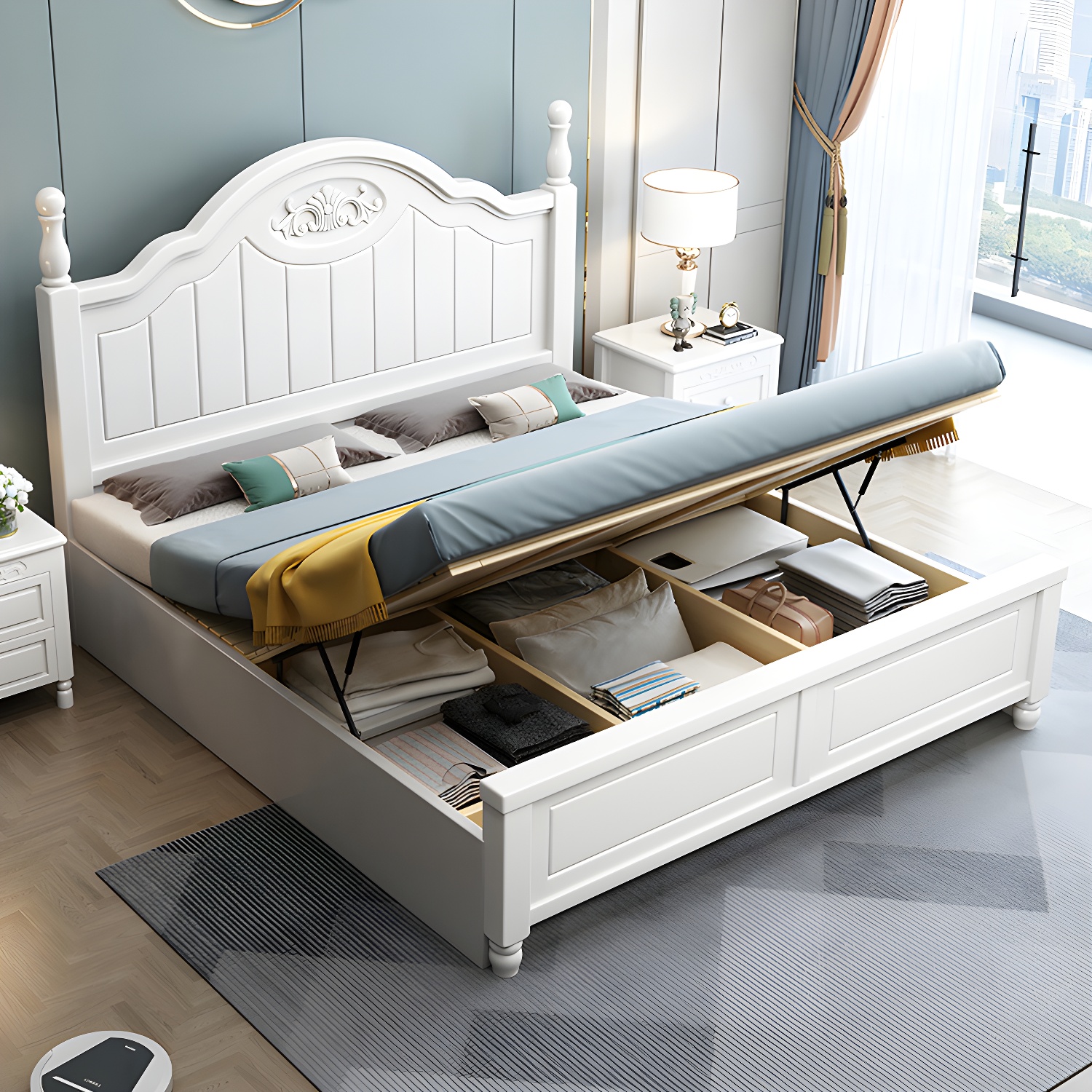 French Country Bed 83.46" Long Bed with Arched Headboard in White - image 10