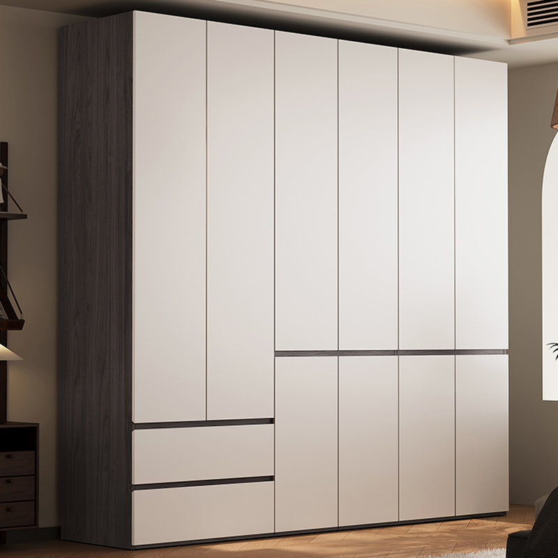 White Minimalist Manufactured Wood Independent Wardrobe Closet with Soft Close Drawer, Soft Close Door, and Interior Shelves