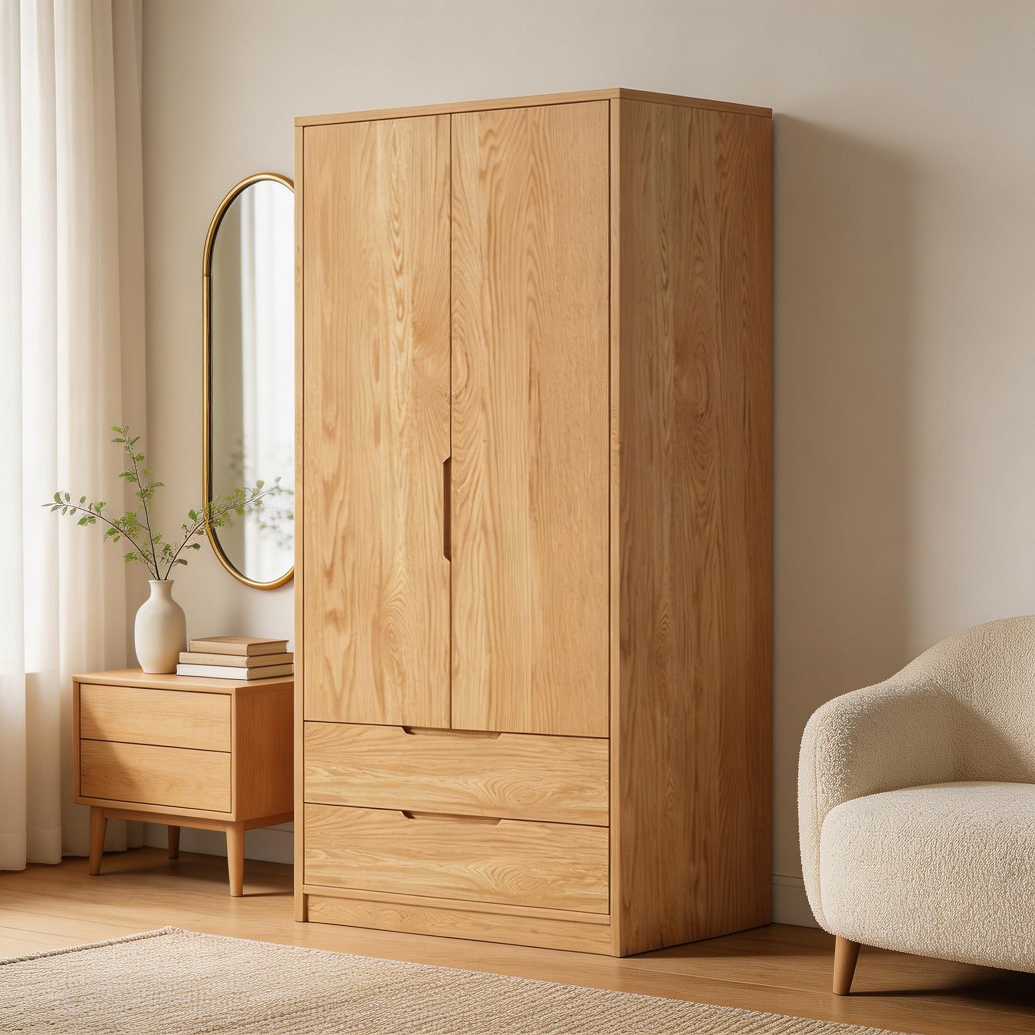 Modern Natural Wood Wardrobe Armoire with Sliding Doors, Drawers, and Shelves - image 55