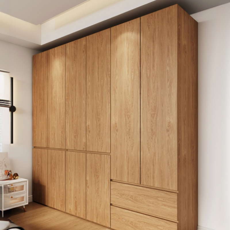 Wood Grain Minimalist Laminate Wardrobe Closet with Soft Close Drawer, Soft Close Door, Interior Shelves, and Clothing Rod