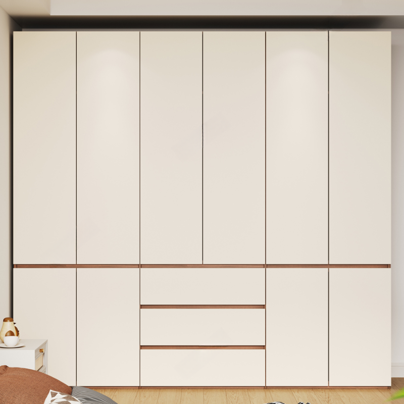 Beige Minimalist Manufactured Wood Wardrobe Closet with Soft Close Drawer, Soft Close Door, Interior Shelves, and Clothing Rod