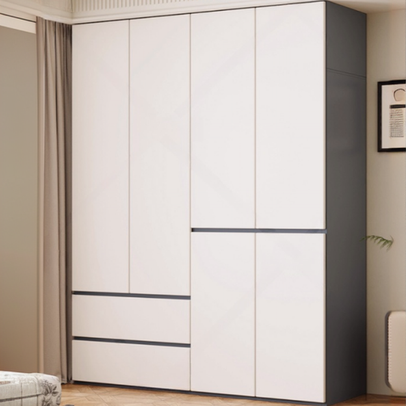 Dove Grey Minimalist Manufactured Wood Wardrobe Closet with 2 Drawers, Soft Close Door, Interior Shelves, and Clothing Rod