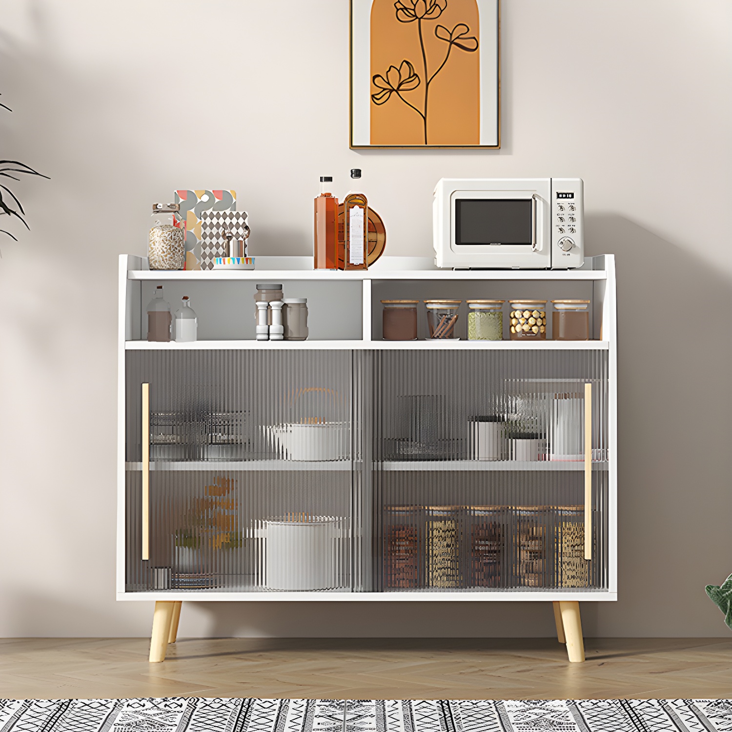 Scandinavian Wood Sideboard Credenza with Acrylic Doors and Cabinet Storage - image 9