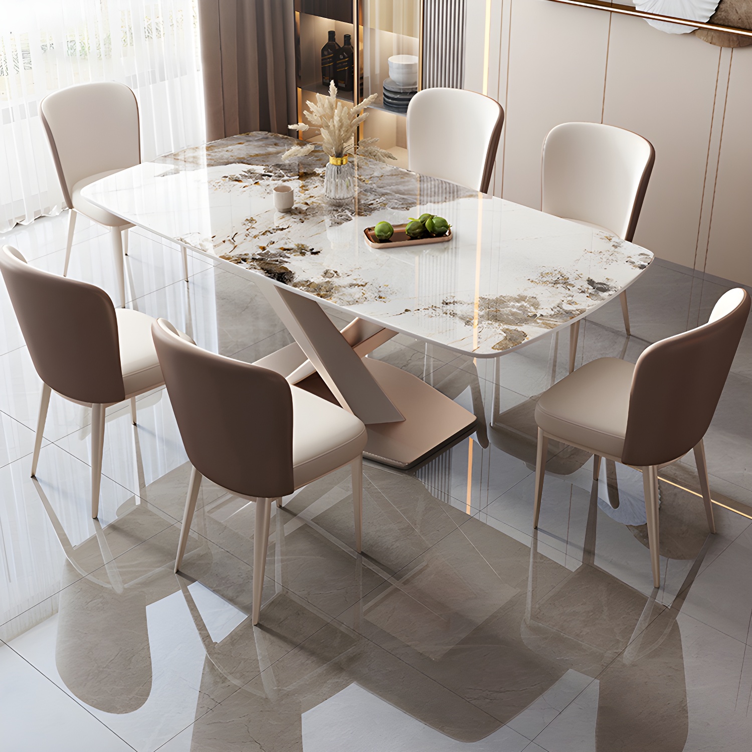Modern Metal Dining Table in White with Pedestal Base and Violet Accents - image 3