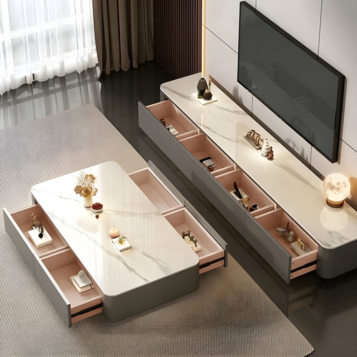 Modern Style Stone Top Steel Base Block Coffee Table with 4 Drawers Rectangular Shape - image 5