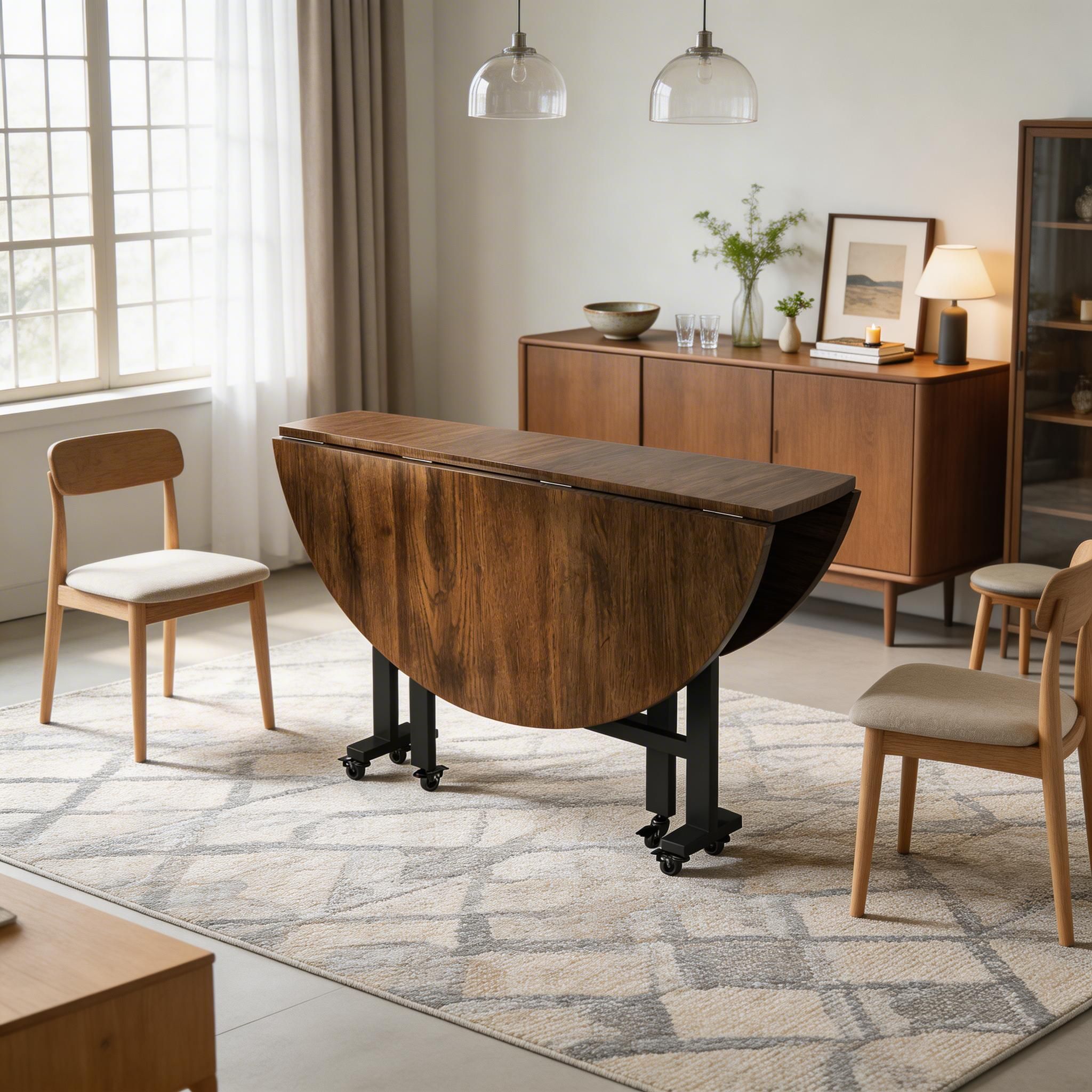 Simple Circular Weathered Wood Dining Table with MDF Top and Extendable Leaf Mechanism - image 11