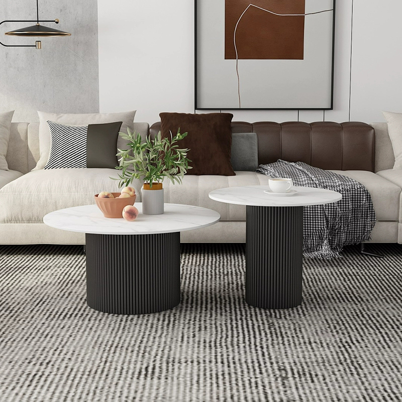 Modern Round Stone Top Coffee Table with Sturdy Metal Pedestal Base in Standard Height - image 5