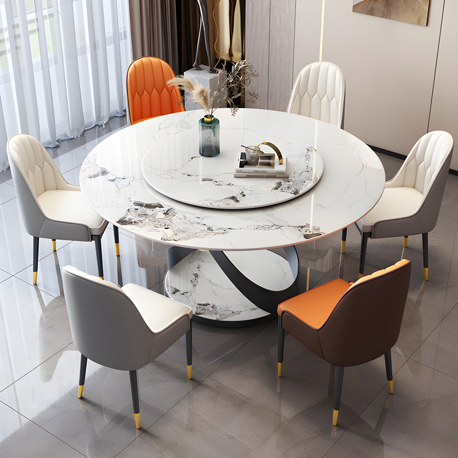 Modern Round Stone Top Lazy Susan Dining Table with Black Steel Pedestal - image 5
