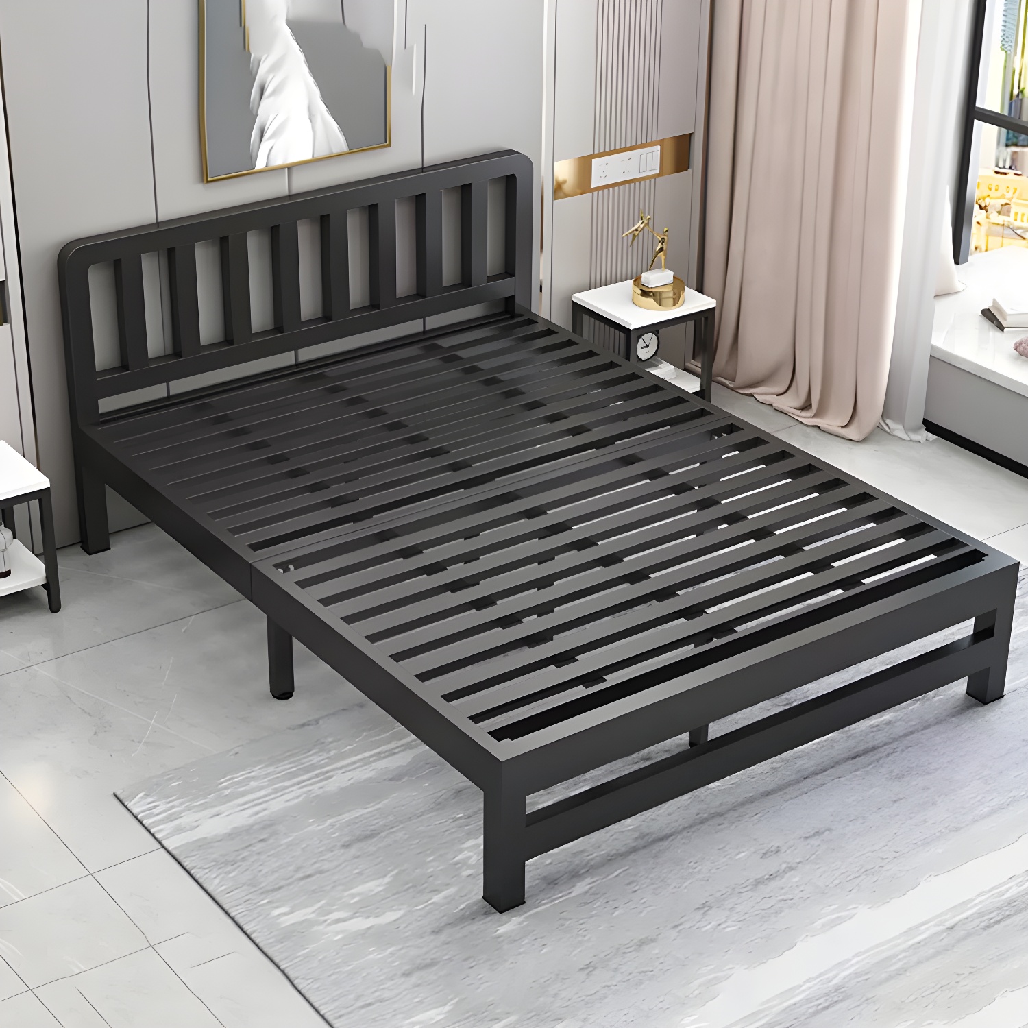 Contemporary Metal Bed Frame Solid Color Slat Bed with Custom Gold Legs - image 2
