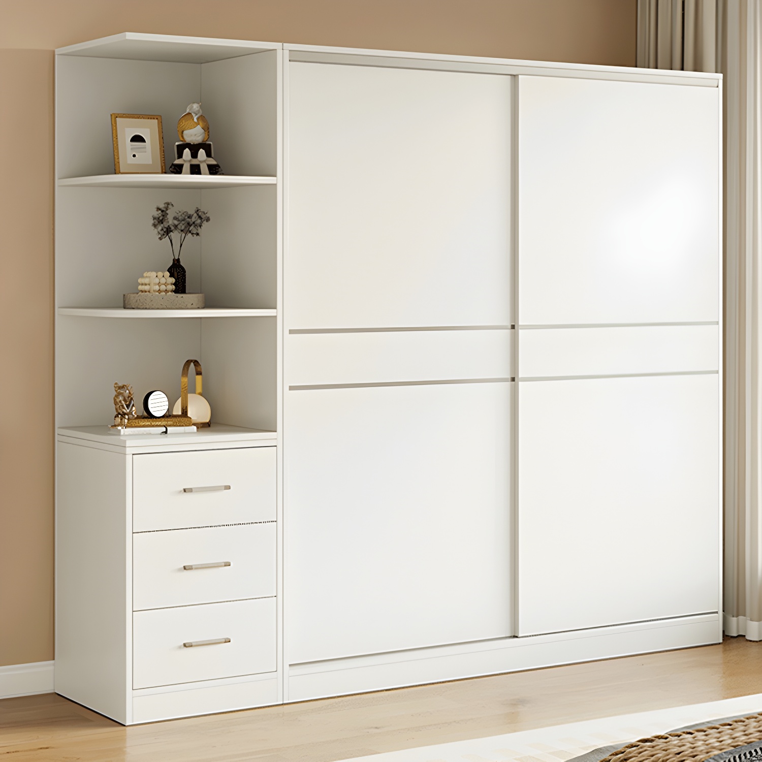 Modern White Wood Wardrobe Armoire with Sliding Doors, Shelves, and Soft Close Drawers - image 3