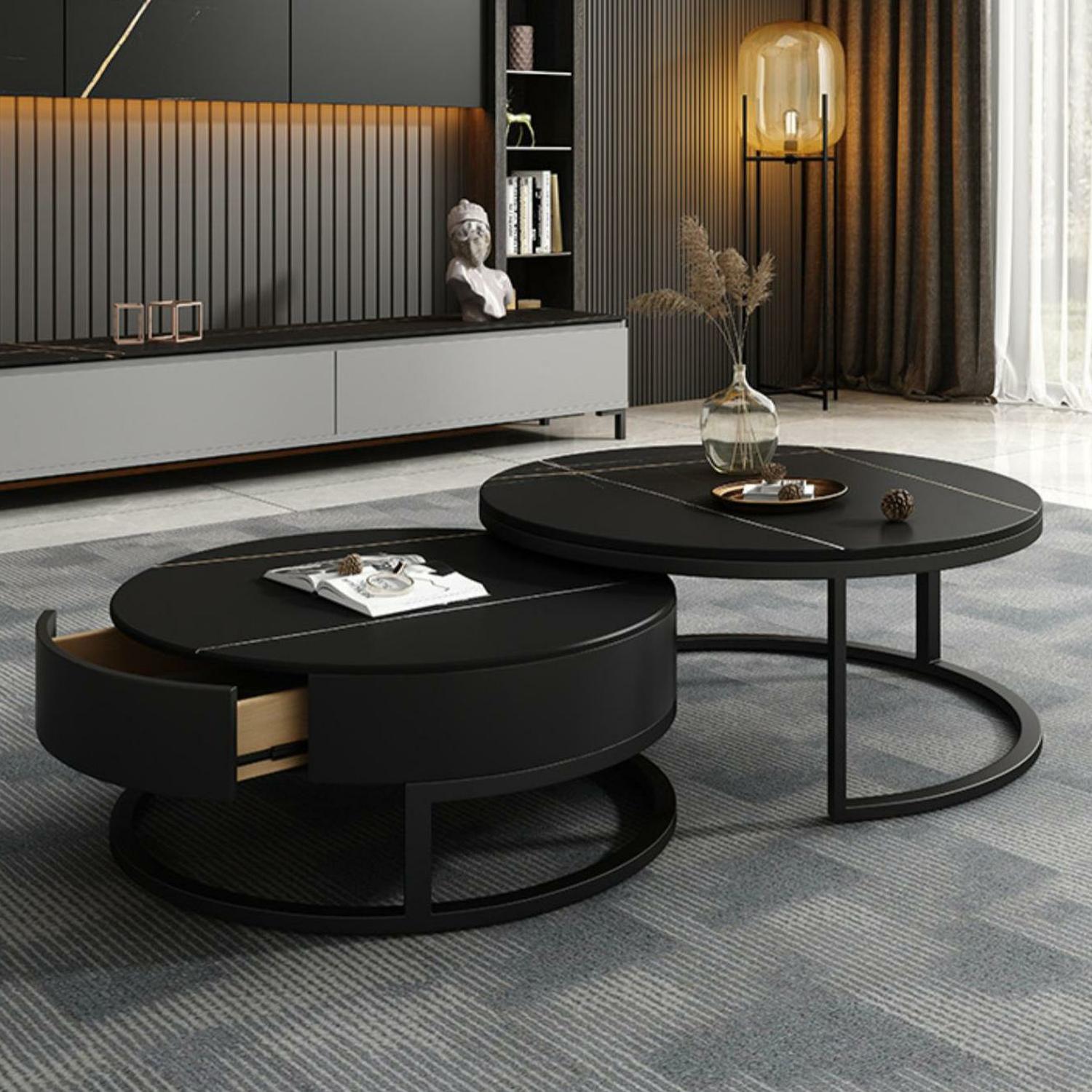 Modern Black Nesting Coffee Tables, 2 Set, Round Stone Top, Steel Frame with Storage