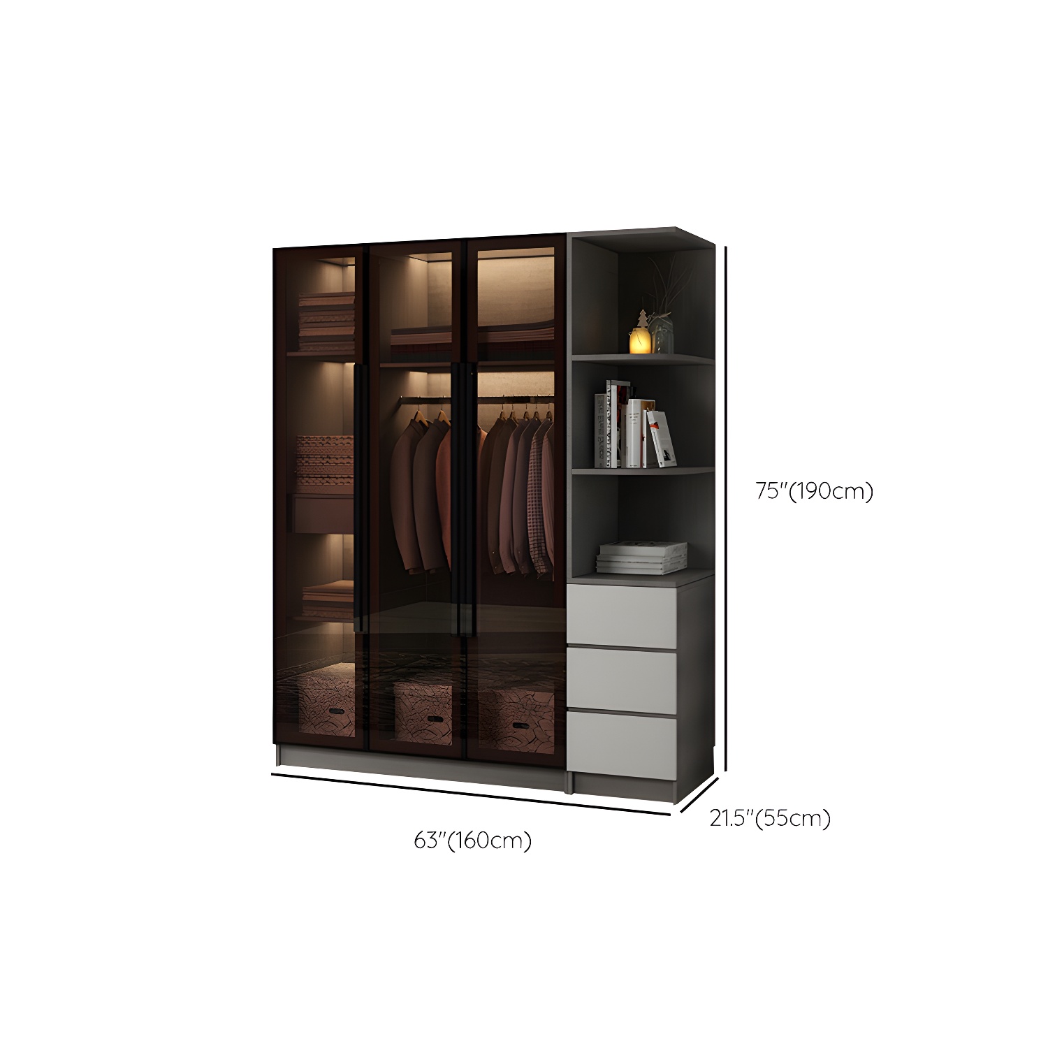 Modern Glass Hinged Doors Wardrobe Armoire Wood Frame Wardrobe with Shelves without Light - image 19