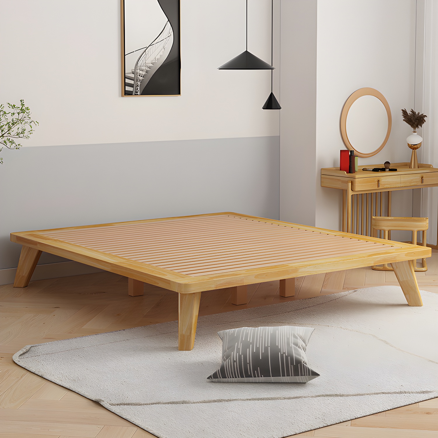 Scandinavian Solid Wood Platform Bed 13.39" High Natural Bed Frame Set - image 4