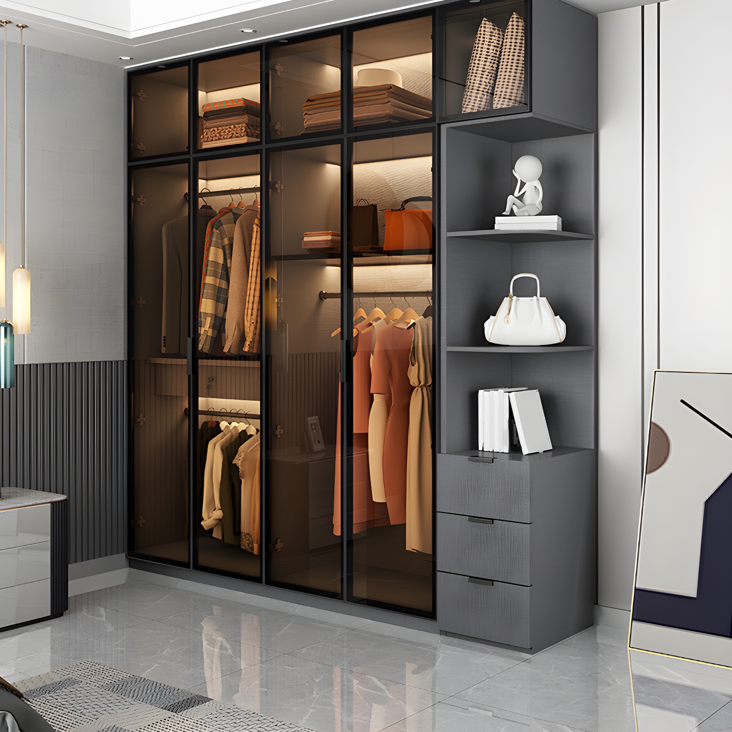 Bedroom Hinged Doors Storage Cabinet Glass Door Wardrobe with Garment Rod