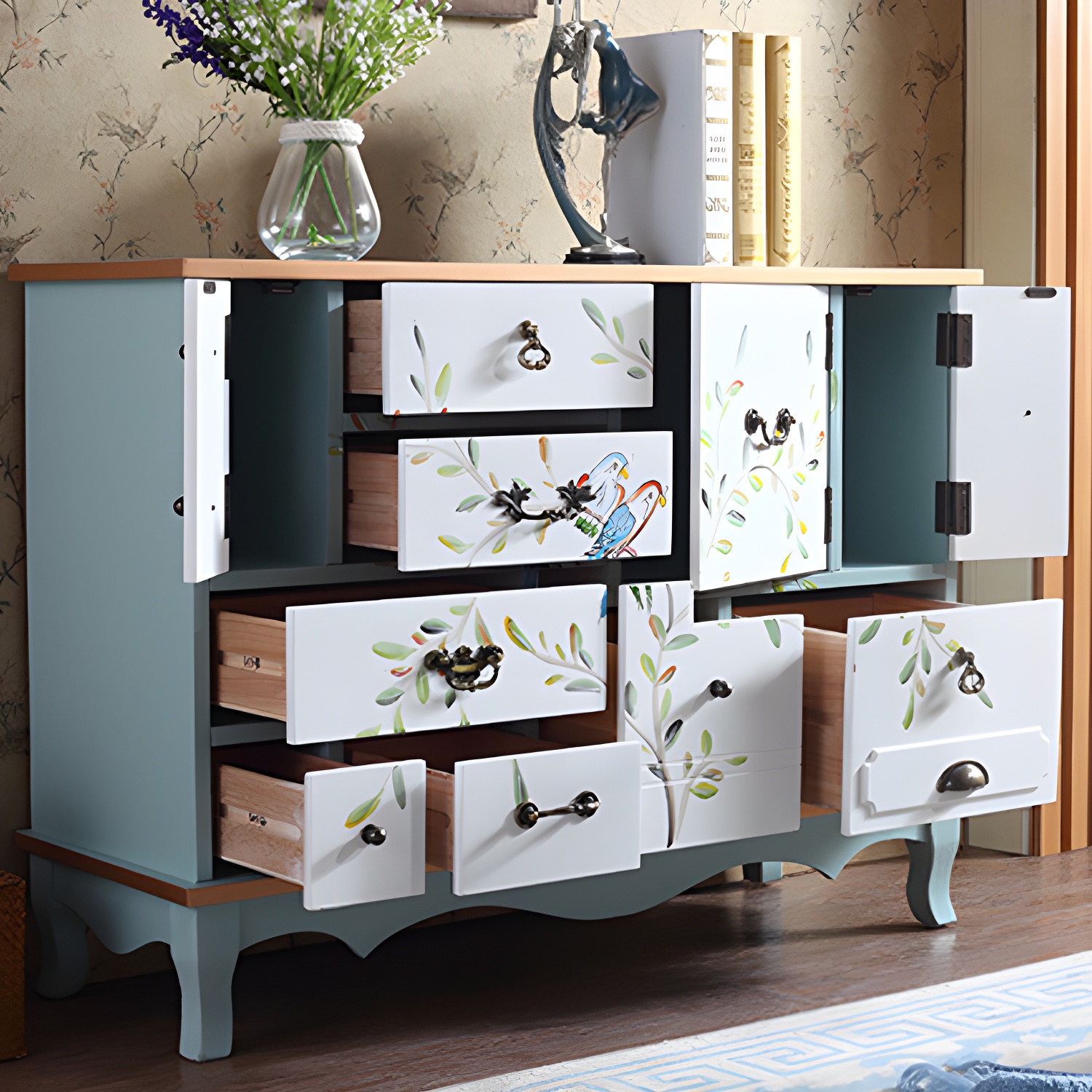Industrial Painted Accent Cabinet with Drawers Solid Wood Chest - image 26