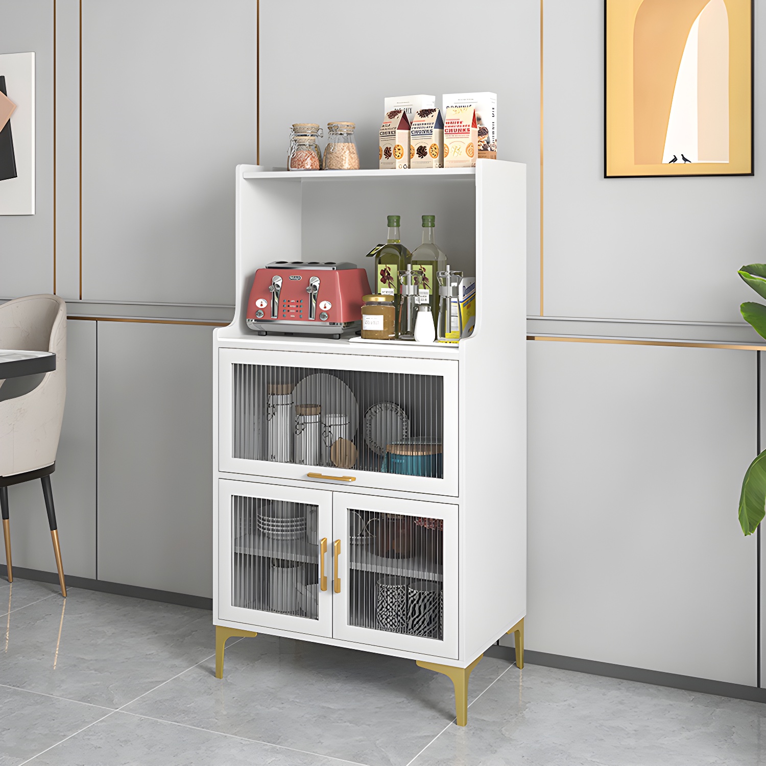 Sintered Stone Countertop Dining Server Manufactured Wood Kitchen Server with Glass Doors - image 14