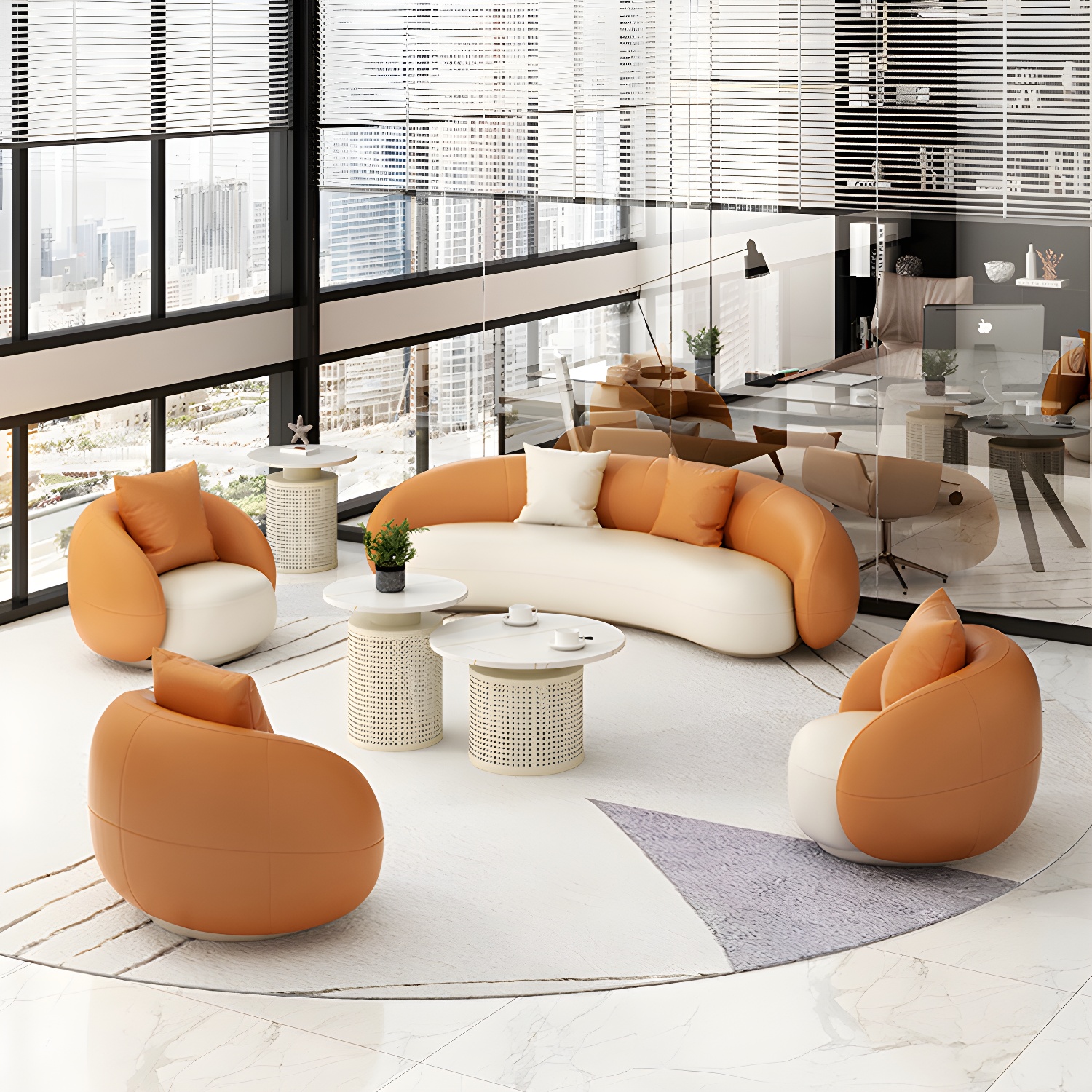 Beige Scandinavian Curved Sofa Tight Back Couch with Tuxedo Arm - image 4