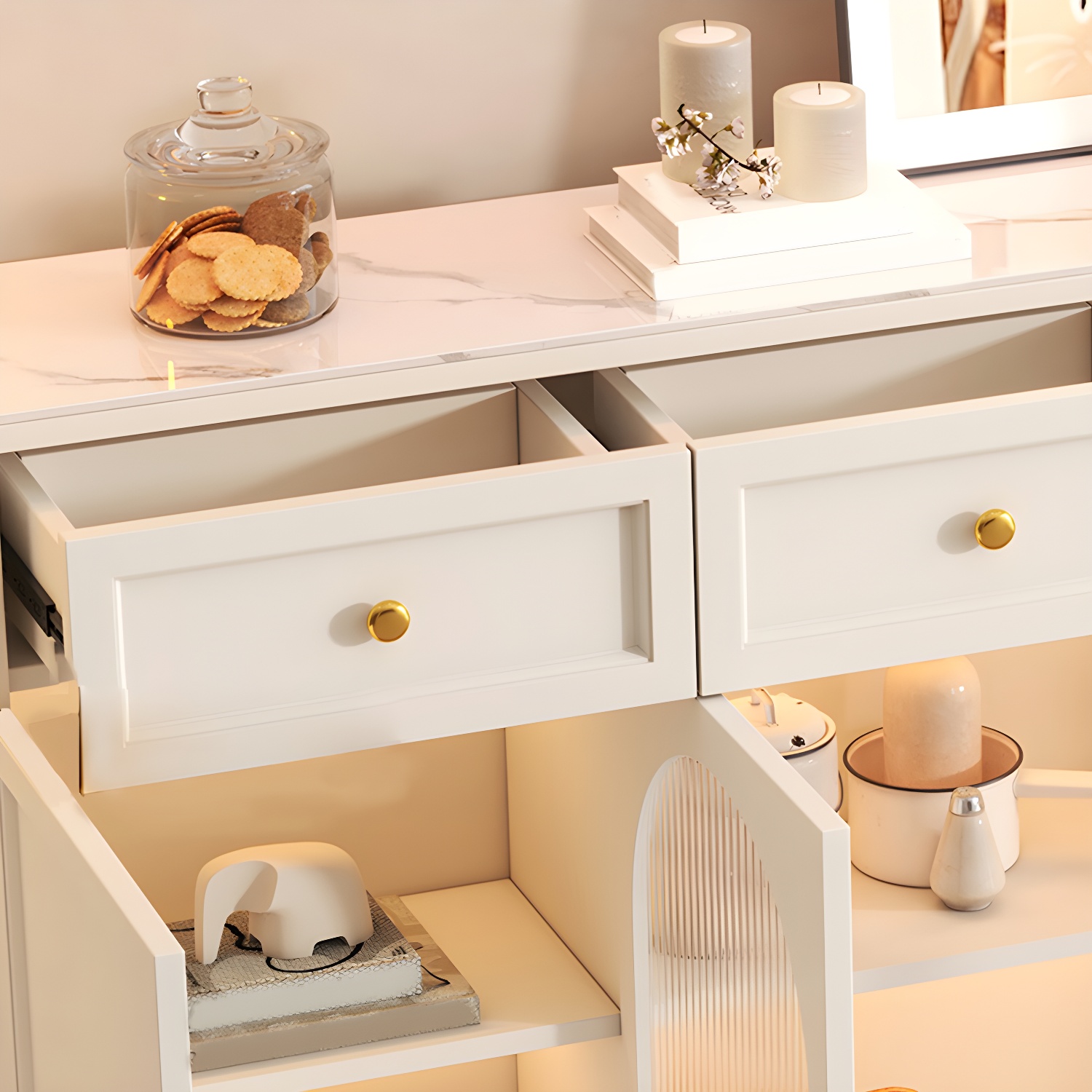Wooden Buffet Server with Stone Countertop, Glass Doors, and Drawers - image 12