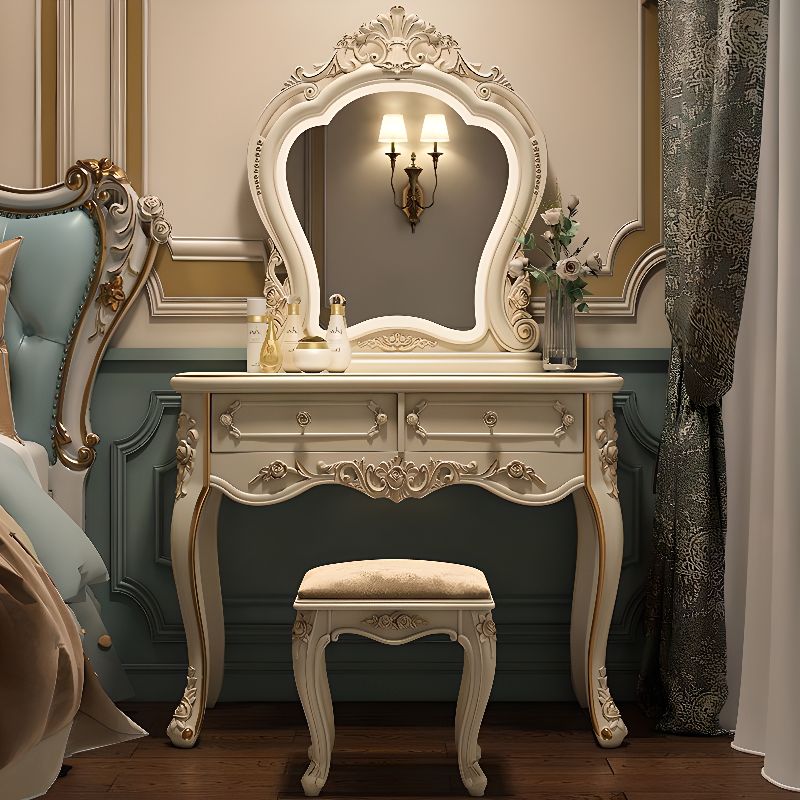 Standard/Small/Large Retro Cream Timber Vanity Set with Chair & Standing Mirror